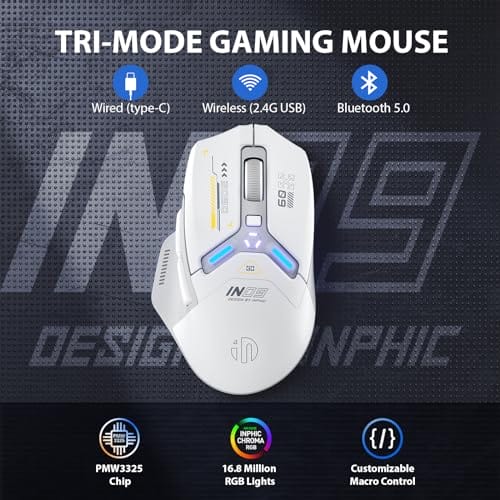 inphic IN9 Gaming Maus kabellos, echte Tri-Mode 2,4G Wireless/Type-C Wired/Bluetooth Maus, 10k DPl, vollständig programmierbar, RGB-Beleuchtung, Hyperspeed wiederaufladbare Funkmaus für Laptop PC – Bild 3