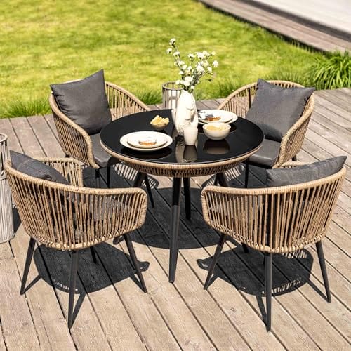 di volio Gartenmöbel-Set RIETI Beige/Grau, Terrassenmöbel aus Polyrattan und Stahl, Gartenmöbel für 4 Personen - Couchtisch & 4 Stühle – Bild 3