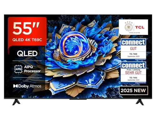 TCL 55T69C 55 Zoll QLED, Direct LED TV, 4K HDR TV, Smart Google TV (Dolby Vision & Atmos, Motion Clarity, Kompatibel mit Google Assistant & Alexa)