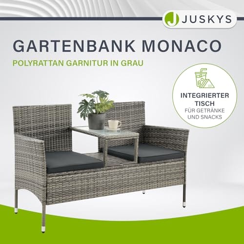 Juskys Polyrattan Gartenbank Monaco - 2-Sitzer Bank mit Tisch & Kissen - 133x63x84 cm - Rattan Sitzbank wetterfest Garten Balkon - grau-meliert – Bild 3