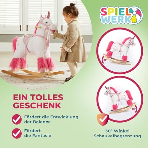 Deuba Spielwerk® Schaukeltier Einhorn inkl. Sound Effekt Sattel Zaumzeug Steigbügel Plüsch Schaukel Wippe Kinder Baby Spielzeug Balancetraining besonders weich Schaukelpferd – Bild 8