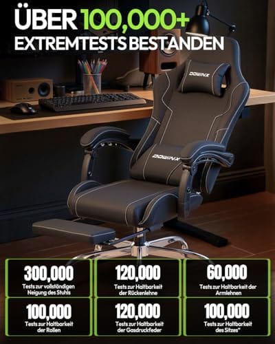 Dowinx Gaming Stuhl Bürostuhl Massage Gaming Sessel mit höhenverstellbaren Linkage-Armlehnen, ergonomischer Gamer Stuhl mit Fußstütze, gepolstert Gaming Chair 150° neigbar bis 180 kg, Schwarz – Bild 5
