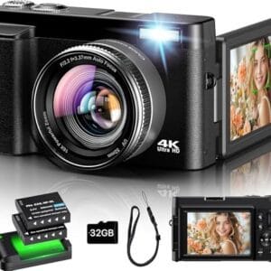 Digitalkamera 4K, 16X Autofokus Digitalzoom Kamera, 48MP 3 Zoll 180° Klappbarer LCD-Bildschirm HD Kompakte Vlog Kamera mit Ladestation, 2 Akkus, 32GB Karte, Geeignet für Anfänger, Kinder
