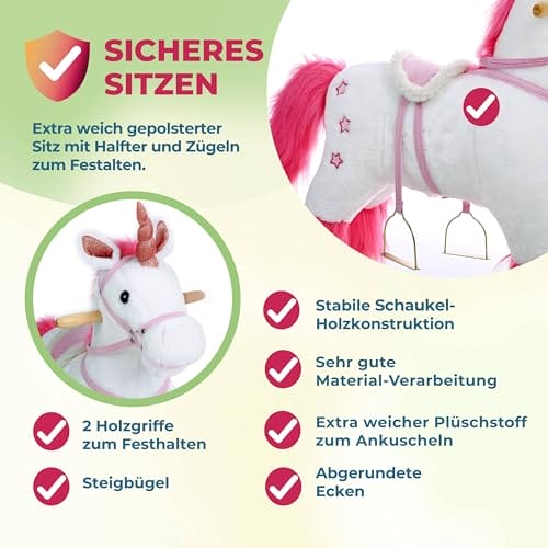 Deuba Spielwerk® Schaukeltier Einhorn inkl. Sound Effekt Sattel Zaumzeug Steigbügel Plüsch Schaukel Wippe Kinder Baby Spielzeug Balancetraining besonders weich Schaukelpferd – Bild 4