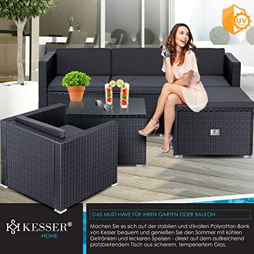 KESSER® Polyrattan Lounge Aruba - Gartenlounge für 4-5 Personen Gartenmöbel-Set Sitzgruppe aus 3er Gartensofa, Sessel, Hocker Beistelltisch mit Sitzkissen für Garten, Terrasse und Balkon, Anthrazit – Bild 4