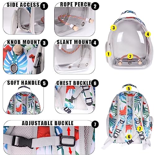Interfashioner® Bird Carrier Rucksack, Bubble Bird Travel Carrier Rucksack mit Edelstahl-Tablett und Stehstange (Blumenmuster) – Bild 6