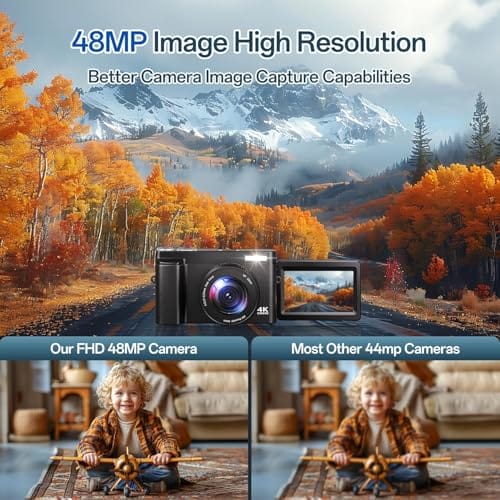 Digitalkamera 4K, 16X Autofokus Digitalzoom Kamera, 48MP 3 Zoll 180° Klappbarer LCD-Bildschirm HD Kompakte Vlog Kamera mit Ladestation, 2 Akkus, 32GB Karte, Geeignet für Anfänger, Kinder – Bild 3