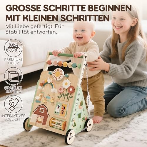 Lehoo Castle Lauflernwagen Baby, Lauflernwagen Holz mit Bremse, Baby Walker mit Activity Board, Laufwagen ab 1 Jahr, Baby Lauflernhilfe, Baby Spielzeug 1 Jahr – Bild 3
