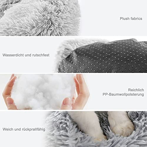 Lucky Sign - Katzenbett Hundebetten Rundes Kuschelbett Hundekörbchen Katzenkorb Zum Schlafen Hundekissen Waschbar Katzenschlafplatz für Katzen und kleine Hunde, (L) 60 cm Ø - Hellgrau – Bild 4