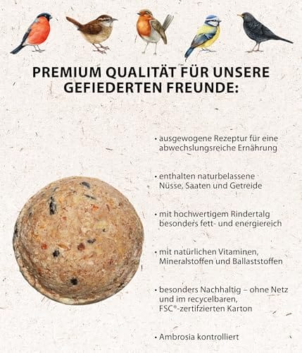 Dehner Natura Premium Meisenknödel ohne Netz, ganzjähriges Wildvogelfutter proteinreich / energiereich, Vogelfutter für Wildvögel, 30 Stück je 90 g (2.7 kg), Karton aus FSC-zertifizierter Produktion – Bild 4