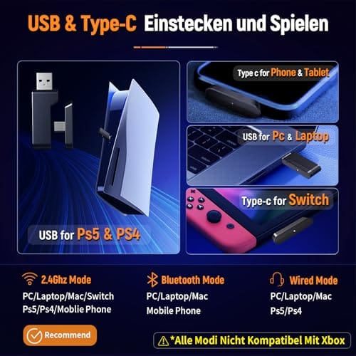 Ozeino OW810 Gaming Headset 40h Akku & Spielen beim Laden, 2.4GHz+BT(≤30ms), 7.1 Surround Sound Wireless Headset Mit Mikrofon für FIFA/CS:GO/Streaming, Kompatibel für PS5/PS4/Switch/Mac, Kristallweiß – Bild 3