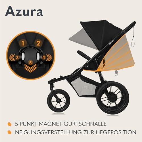 LIONELO AZURA Jogging-Kinderwagen von 6 Monaten bis 22 kg Dreirad-Jogging-Kinderwagen Verstellbare Rückenlehne in eine Liegeposition Große Lufträder Vollständige Stoßdämpfung XXL-Verdeck – Bild 4