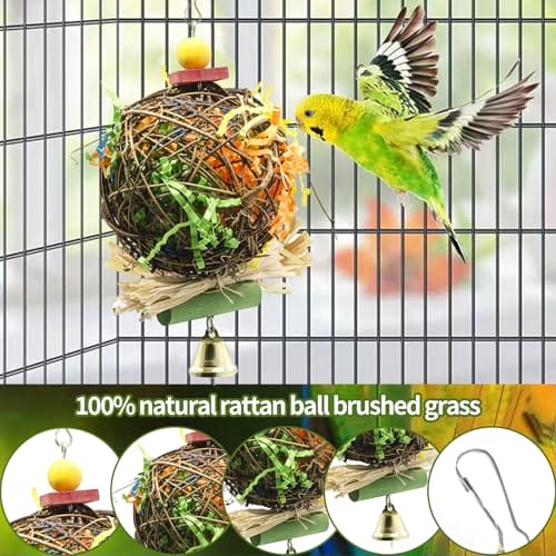 TFLPUO 2 Stück Vogelspielzeug, Budgies Toys Natural Rattan Ball Vogelkäfig Hängen Spielzeug Vogel Käfig Zubehör für Wellensittich Papageien (20 * 10cm) – Bild 5