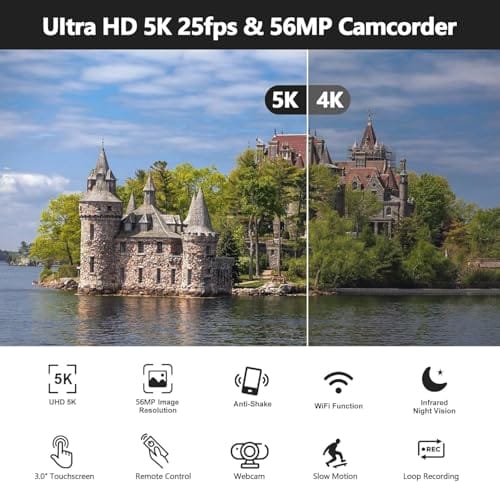 FIREFOTO Videokamera 5K Camcorder 56MP WiFi Vlogging Kamera für YouTube Digitalzoom 16X Touchscreen 3" IR Nachtsicht Video Camera mit 2 Batterien, 64GB Karte, Fernbedienung, Mikrofon – Bild 4