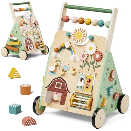 Lehoo Castle Lauflernwagen Baby, Lauflernwagen Holz mit Bremse, Baby Walker mit Activity Board, Laufwagen ab 1 Jahr, Baby Lauflernhilfe, Baby Spielzeug 1 Jahr