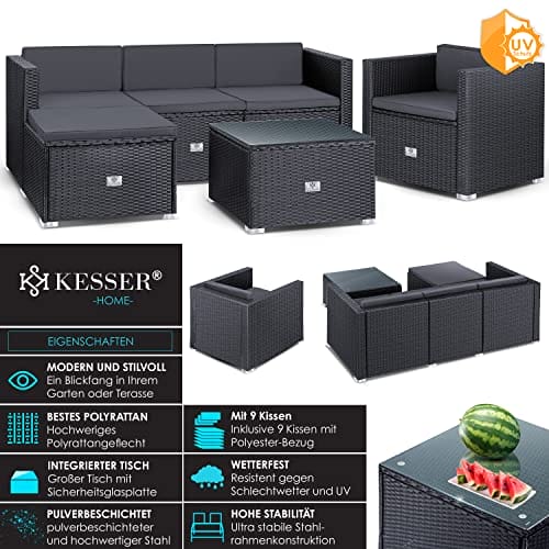 KESSER® Polyrattan Lounge Aruba - Gartenlounge für 4-5 Personen Gartenmöbel-Set Sitzgruppe aus 3er Gartensofa, Sessel, Hocker Beistelltisch mit Sitzkissen für Garten, Terrasse und Balkon, Anthrazit – Bild 3