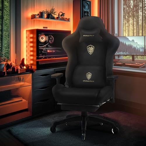 Dowinx Gaming Stuhl, Atmungsaktiver und Ergonomischer Bürostuhl aus Mikrofaser-Velours, Weiches Sitzgefühl wie Pelz, Verstellbarer Schreibtischstuhl mit Fußstütze, Hellschwarz – Bild 3