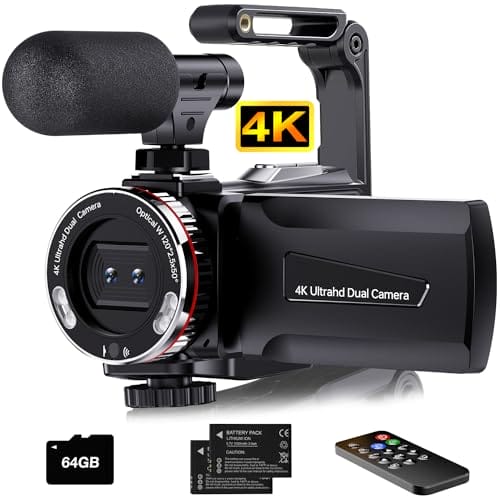 Videokamera 4K 64MP Camcorder Vlogging Kamera für YouTube,21X Digital Zoom, 3" 270° Drehbarer Screen Video Vlogging Dual Camera mit 64GB Karte, Mikrofon, Stabilisator, Fernbedienung,2 Batterien
