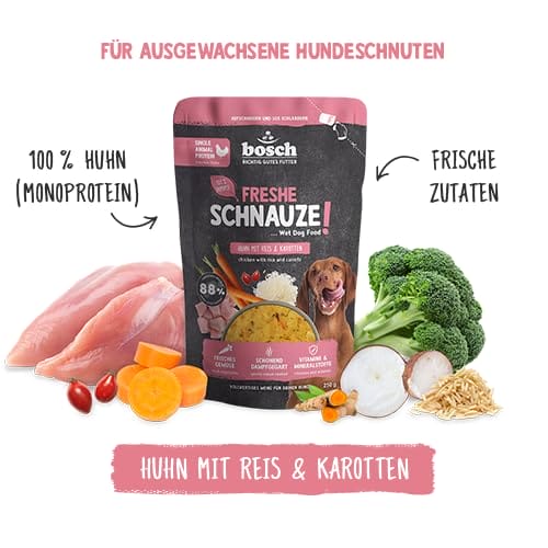 Bosch Freshe Schnauze, Huhn mit Reis und Karotten 1 x 250 g, Schonend Dampfgegartes Nassfutter für Hunde, Vollwertiges Alleinfuttermittel mit hohem Fleischgehalt, 250 g Hundenassfutter – Bild 3
