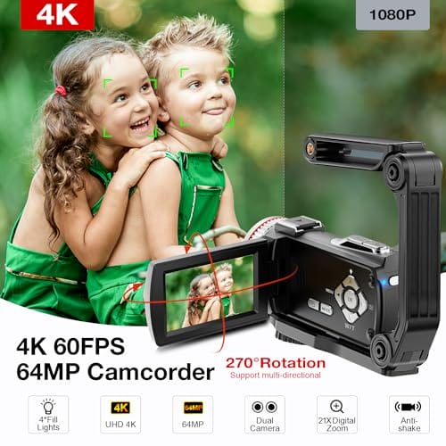 Videokamera 4K 64MP Camcorder Vlogging Kamera für YouTube,21X Digital Zoom, 3" 270° Drehbarer Screen Video Vlogging Dual Camera mit 64GB Karte, Mikrofon, Stabilisator, Fernbedienung,2 Batterien – Bild 3