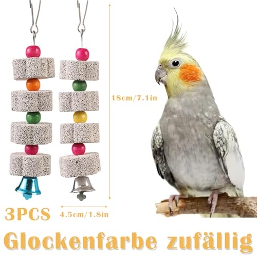 RQcMid 3 Stück Wellensittich Spielzeug, Vogelspielzeug für Wellensittiche, Papageienspielzeug, Kalkstein für Wellensittiche, Nymphensittich Spielzeug, Farbe Zufällig, 19 cm x 4 cm – Bild 3