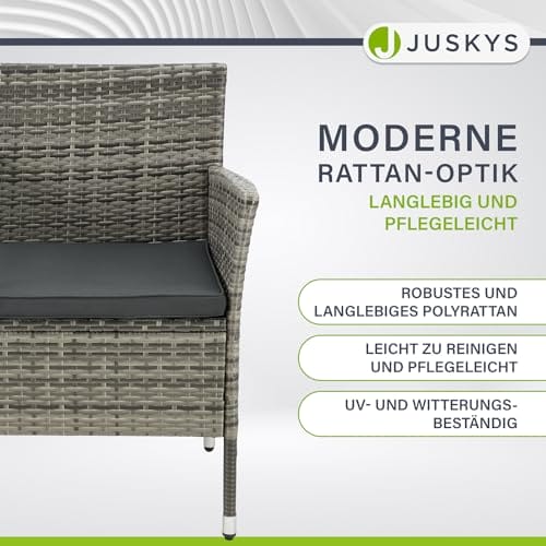 Juskys Polyrattan Gartenbank Monaco - 2-Sitzer Bank mit Tisch & Kissen - 133x63x84 cm - Rattan Sitzbank wetterfest Garten Balkon - grau-meliert – Bild 6