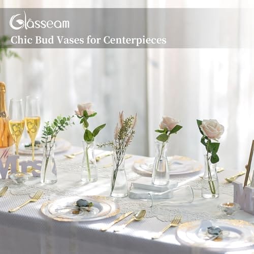 Glasseam Kleine Vasen für Tischdeko, Deko Vase Glas Klar Blumenvase Modern Glasvase Klein 6 Stück, Minimalistische Blumenvasen Set für Wohnzimmer Hochzeit Party Esstisch Tafelaufsatz Dekovase – Bild 4
