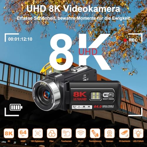 Videokamera Camcorder 8K 64MP WiFi Vlogging Camera mit IR Nachtsicht für YouTube, 3-Zoll-Touchscreen 18X Digitalzoom Webcam Kamera mit 2 Akkus,64GB SD Karte,Mikrofon,Stabilisator,und Fernbedienung – Bild 3