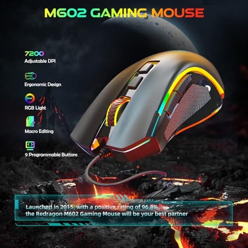 Redragon M602 Gaming Maus mit Kabel, Wired Computer Mouse Gaming mit Treiber, 7 Programmierbare Tasten und RGB-Leuchten, 7200 DPI PC Maus Gaming Ideal für PC/Laptop (schwarz) – Bild 3