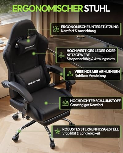 Dowinx Gaming Stuhl Bürostuhl Massage Gaming Sessel mit höhenverstellbaren Linkage-Armlehnen, ergonomischer Gamer Stuhl mit Fußstütze, gepolstert Gaming Chair 150° neigbar bis 180 kg, Schwarz – Bild 6