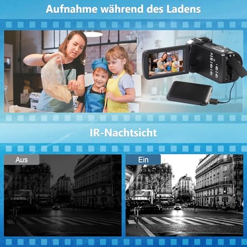 Videokamera 4K 80MP Camcorder für YouTube,30FPS Webcam IR Nachtsicht Vlogging Kamera,18X Digitalzoom 3,0 270°IPS Bildschirm Video Camera mit SD Karte, 2 Batterien, Fernbedienung, und Handstabilisator – Bild 5