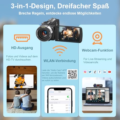 Videokamera Camcorder 8K 64MP WiFi Vlogging Camera mit IR Nachtsicht für YouTube, 3-Zoll-Touchscreen 18X Digitalzoom Webcam Kamera mit 2 Akkus,64GB SD Karte,Mikrofon,Stabilisator,und Fernbedienung – Bild 6