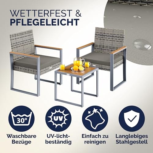 Casaria® Balkonmöbel Set Polyrattan Holz Akazie Wetterfest 2 Stühle Tisch Auflagen 160kg Belastbarkeit Verstellbar Terrasse Balkon Möbel Lounge Outdoor – Bild 6
