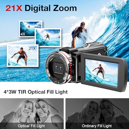 Videokamera 4K 64MP Camcorder Vlogging Kamera für YouTube,21X Digital Zoom, 3" 270° Drehbarer Screen Video Vlogging Dual Camera mit 64GB Karte, Mikrofon, Stabilisator, Fernbedienung,2 Batterien – Bild 4