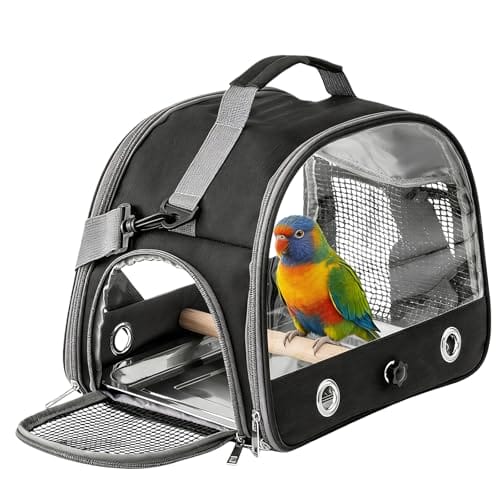 Vogel-Tragetasche mit Edelstahl-Tablett und Stehstange, Vogel Transportbox, Atmungsaktiver Tragbarer Vogelkäfig für Wellensittich/Sittiche/Kleintiere, Bird Transport Box(Schwarz)