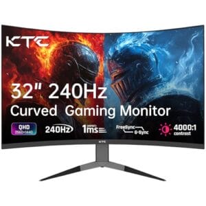 KTC 32 Zoll Monitor Curved 1000R, 2K WQHD (2560x1440p) 240Hz Gaming Monitor, 1ms, Adaptive Sync, 122% sRGB, 4000:1 Kontrast, 2 x DP 1.4 (240Hz), 2 x HDMI 2.0 (144Hz), Unterstützung von Tilt und VESA