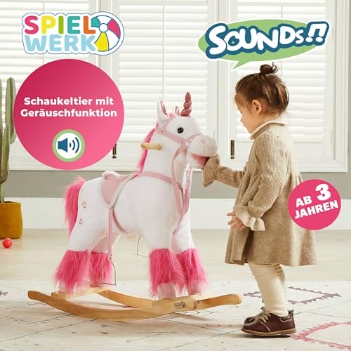 Deuba Spielwerk® Schaukeltier Einhorn inkl. Sound Effekt Sattel Zaumzeug Steigbügel Plüsch Schaukel Wippe Kinder Baby Spielzeug Balancetraining besonders weich Schaukelpferd – Bild 3