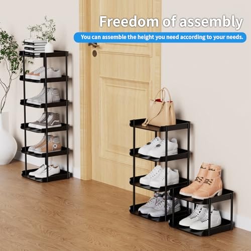 Altdnmaf 6 Ebenen Schmal Schuhregal, Mehrschichtiges Hoch Schuhregale Platzsparend, Stapelbar Klein Standregal, Vertikales Plastik Regal, Shoe Rack für Treppe, Flur, Küche, Schlafzimmer, Schwarz – Bild 5