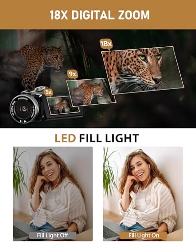 ZIMOCE Videokamera 4K 48MP Camcorder mit IR-Nachtsicht, 18X Digital Zoom 3.0'' 270° Rotation Touch-Screen Vlogging Kamera für YouTube Tiktok mit Fernbedienung, Mikrofon, 64 GB TF Karte, 2 Batterien – Bild 4
