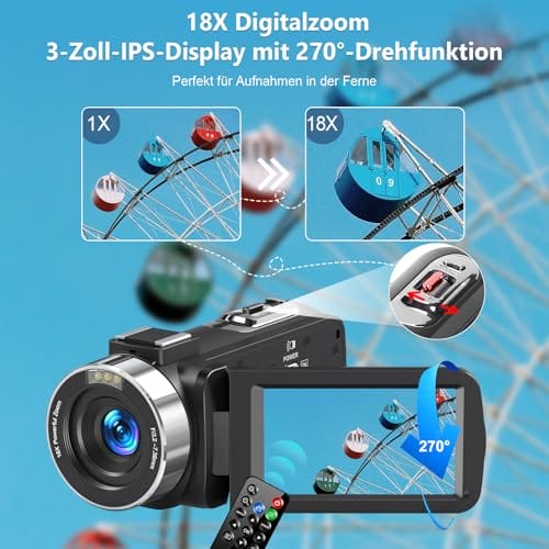 Videokamera 4K 80MP Camcorder für YouTube,30FPS Webcam IR Nachtsicht Vlogging Kamera,18X Digitalzoom 3,0 270°IPS Bildschirm Video Camera mit SD Karte, 2 Batterien, Fernbedienung, und Handstabilisator – Bild 4