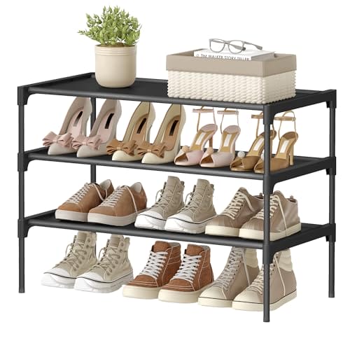 SONGMICS Schuhregal 3 Ebenen, Schuhablage, Schuhaufbewahrung, Eingangsbereich, Flur, platzsparend, 29,7 x 62,3 x 53,5 cm, Metallrahmen, Vliesstoff-Ablage, tintenschwarz LSH023BH01