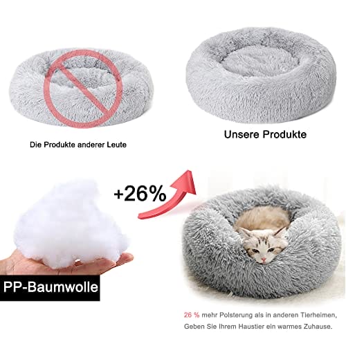 Lucky Sign - Katzenbett Hundebetten Rundes Kuschelbett Hundekörbchen Katzenkorb Zum Schlafen Hundekissen Waschbar Katzenschlafplatz für Katzen und kleine Hunde, (L) 60 cm Ø - Hellgrau – Bild 5
