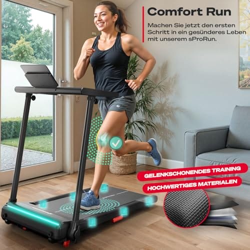 Sportstech Laufband für Zuhause, Laufband klappbar, Treadmill bis 12 km/h, max. 120kg, Tablethalterung, Deutsche Qualitätsmarke, mit 11,5% Steigung, Bluetooth App kompatibel, LED, sProRun (Schwarz) – Bild 4