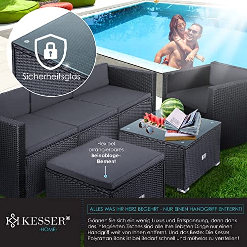 KESSER® Polyrattan Lounge Aruba - Gartenlounge für 4-5 Personen Gartenmöbel-Set Sitzgruppe aus 3er Gartensofa, Sessel, Hocker Beistelltisch mit Sitzkissen für Garten, Terrasse und Balkon, Anthrazit – Bild 6