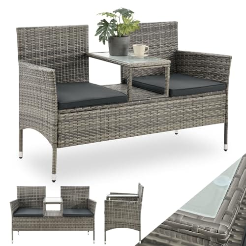 Juskys Polyrattan Gartenbank Monaco - 2-Sitzer Bank mit Tisch & Kissen - 133x63x84 cm - Rattan Sitzbank wetterfest Garten Balkon - grau-meliert