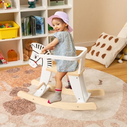 COSTWAY 2 in 1 Zebra Schaukelpferd, Schaukeltier aus Holz mit abnehmbaren Zäunen & Rückenlehne, Schaukelwippe Holzschaukelpferd für Baby ab 3 Jahren, Weiß – Bild 3