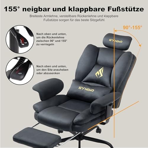 Symino Gaming Stuhl Chefsessel Bürostuhl Ergonomisch, Wildlederimitat Sofa-ähnliches Schreibtischstuhl mit Fußstütze Höhenverstellbarer Office Chair Computerstuhl 130kg, Grau – Bild 6