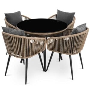 di volio Gartenmöbel-Set RIETI Beige/Grau, Terrassenmöbel aus Polyrattan und Stahl, Gartenmöbel für 4 Personen – Couchtisch & 4 Stühle
