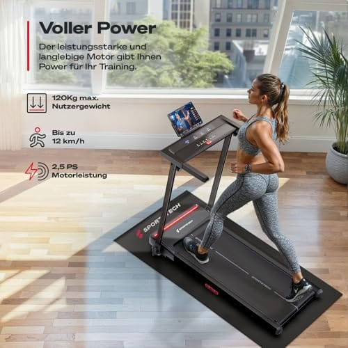 Sportstech Laufband für Zuhause, Laufband klappbar, Treadmill bis 12 km/h, max. 120kg, Tablethalterung, Deutsche Qualitätsmarke, mit 11,5% Steigung, Bluetooth App kompatibel, LED, sProRun (Schwarz) – Bild 6