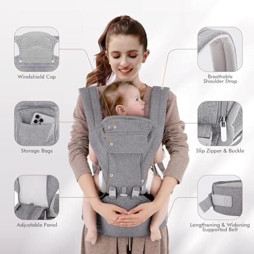Babytrage Neugeborene ab Geburt 9-in-1 Babytrage Ergonomische Kindertrage mit M-Sitz, verstellbarer Gürter, Atmungsaktiv, perfekt Baby Tragegurt für Reisen, Spaziergänge, geeignet für 3–36 Monate – Bild 6